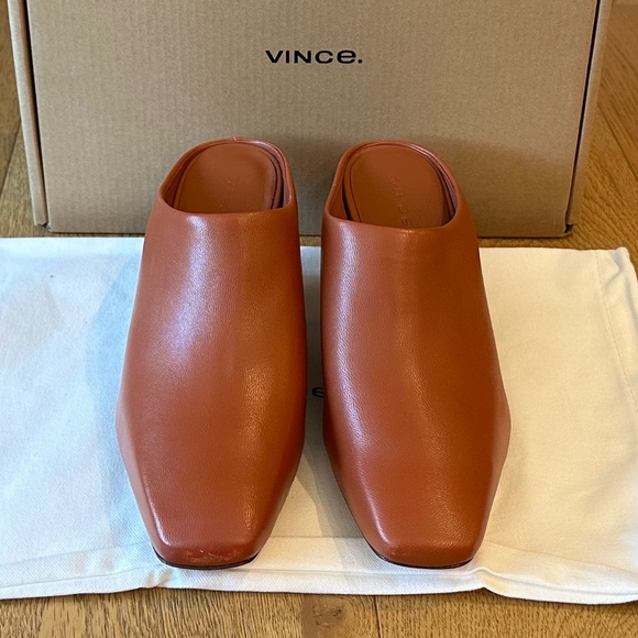 Vince Leather Benita Square Toe Slip On Clog Wedge Heel Pumps (Rust Amber) - Picture 9 of 16